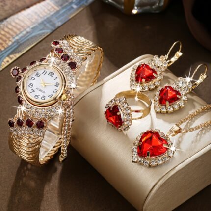 طقم 5 ساعات نسائية كوارتز فاخرة مع إكسسوارات – قلادة، خاتم، وأقراط، هدية مثالية